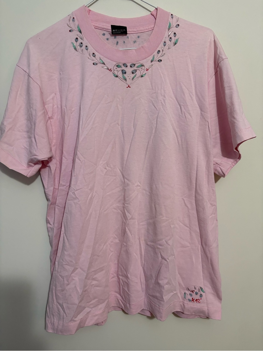 1992 Hand Painted Floral Heart Collar T Shirt Pink Artist Signed Size L Vintage